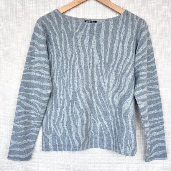 Anne Klein 100% Cashmere Animal Print Sweater Zebra Print Heather Grey - Picture 2 of 15